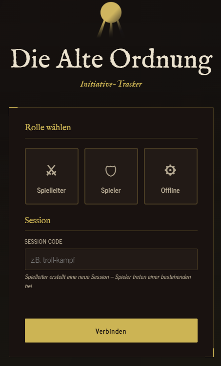 Der Startbildschirm des IniTrackers mit Sor-Symbol, Rollenwahl, Feld für den Session-Code und dem Knopf Verbinden